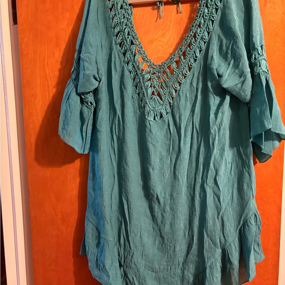 Green Flutter Sleeve Tunic Coverup